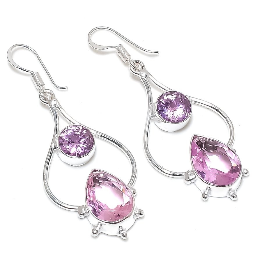 Pink Kunzite Gemstone Handmade 925 Sterling Silver Jewelry Earrings Sz 2.12"
