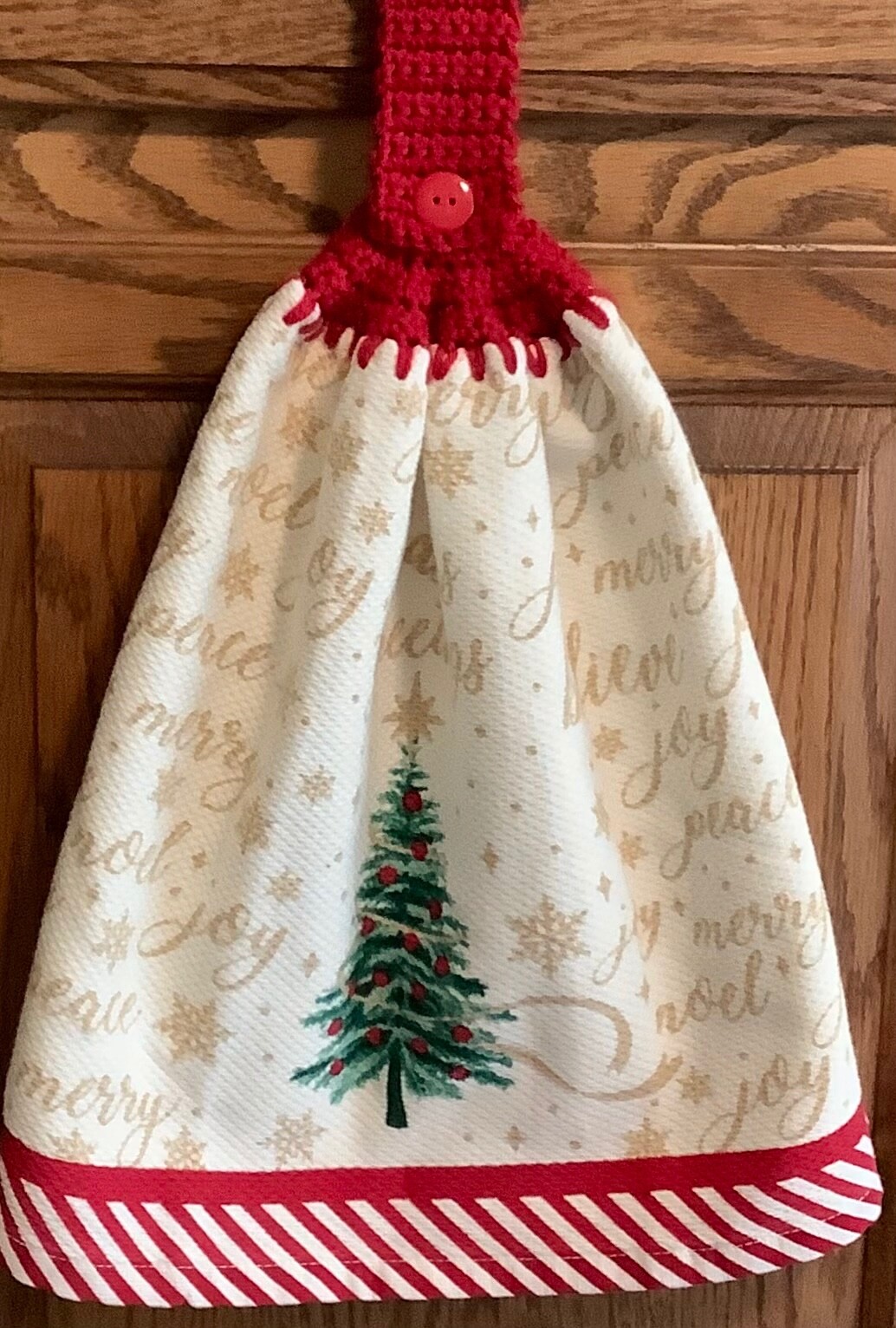Double cream hanging kitchen towel Xmas trees crocheted red top