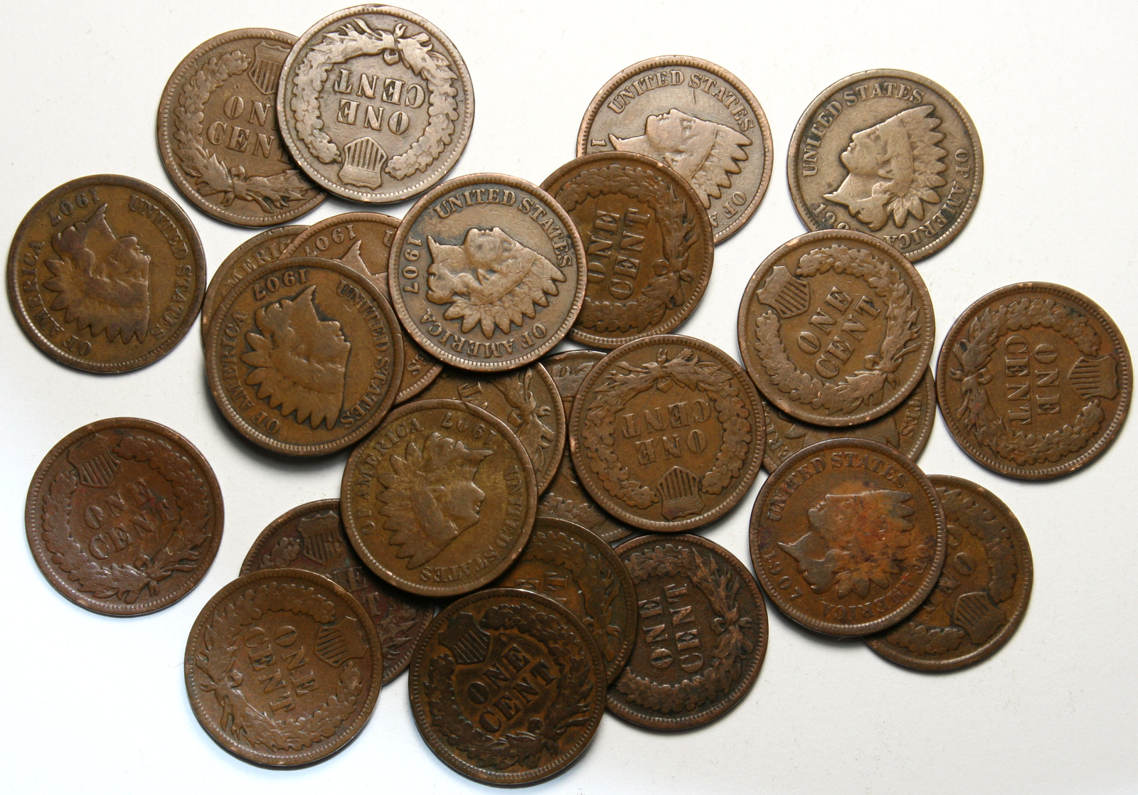 1907 Indian Cent Half Roll of 25 Coins, Full Rims, Full Dates As Shown [SN02]