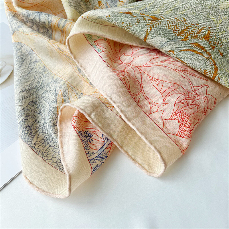 Pure 70% Cashmere 30% Silk Wrap Scarf Garden Flowers Double Face Print Shawl 53"