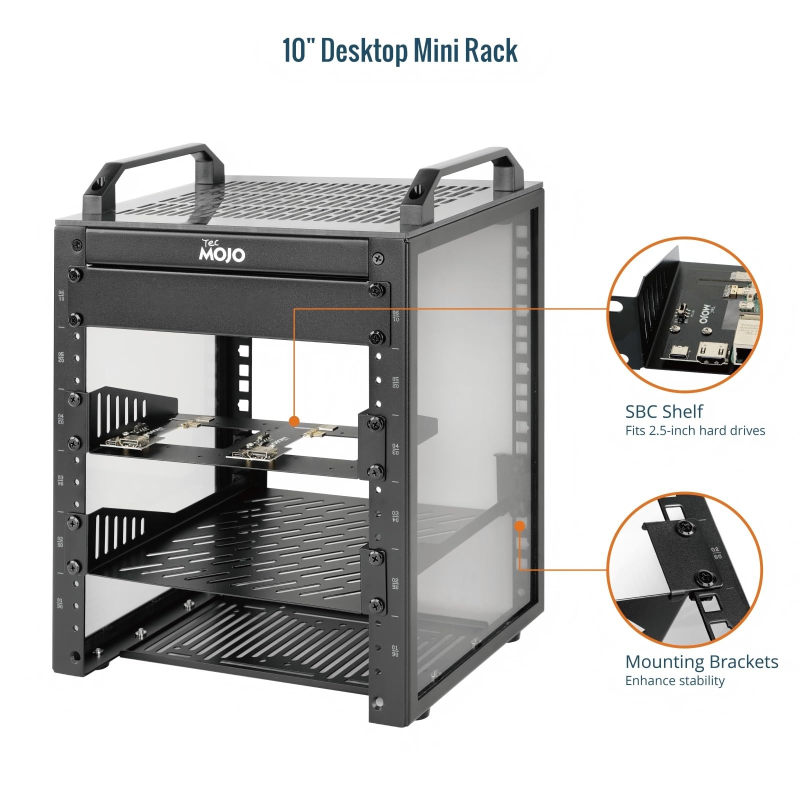 Compact 6U Mini Network Rack with Translucent Panels & Handles, Black