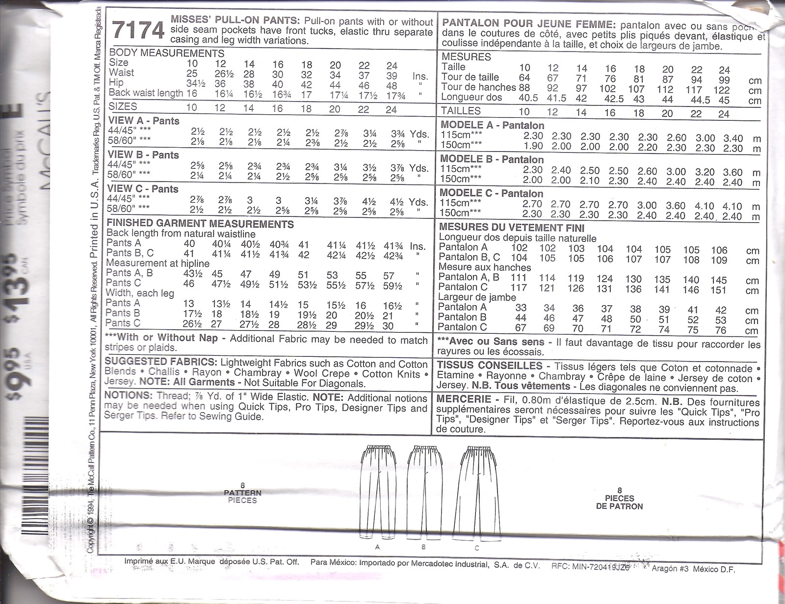 7174 UNCUT Vintage McCalls Pattern Misses Pull on Pants SEWING Palmer Pletsch