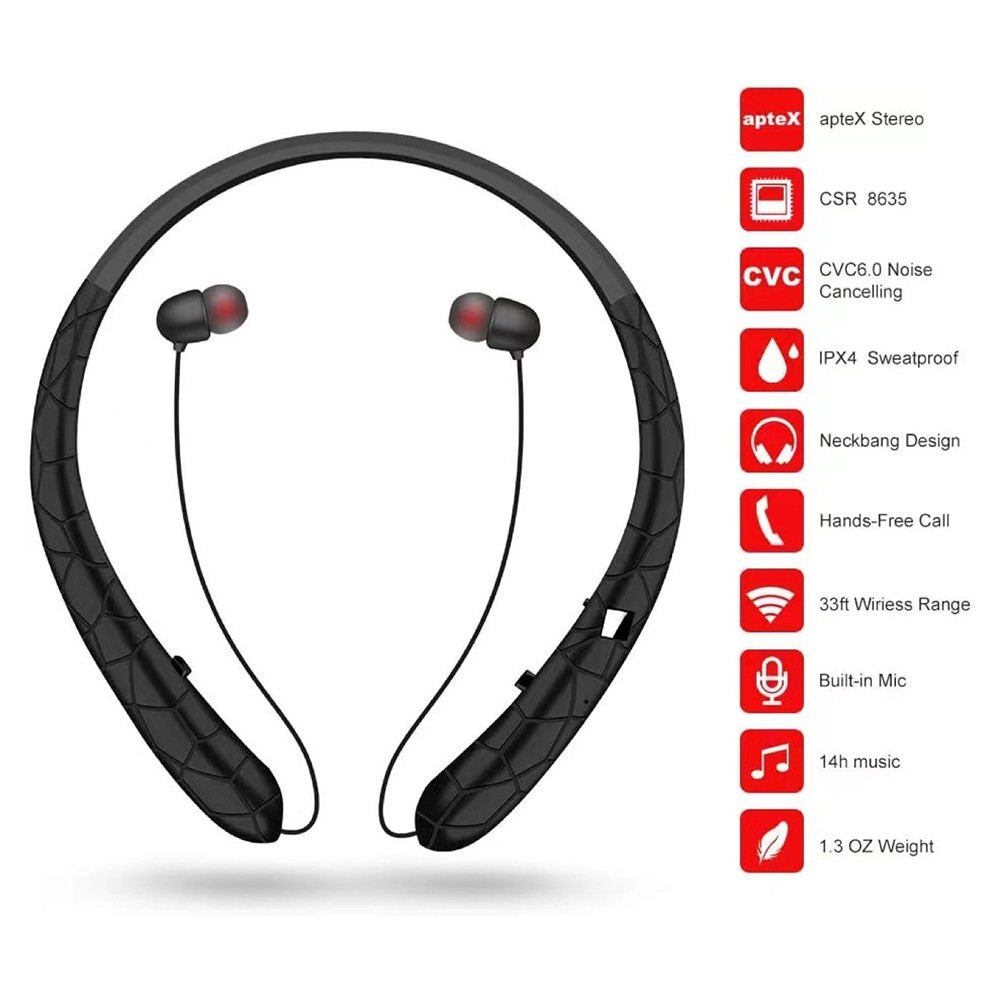 Sweatproof Neckband Headset Wireless Bluetooth Retractable Headphones Earbuds