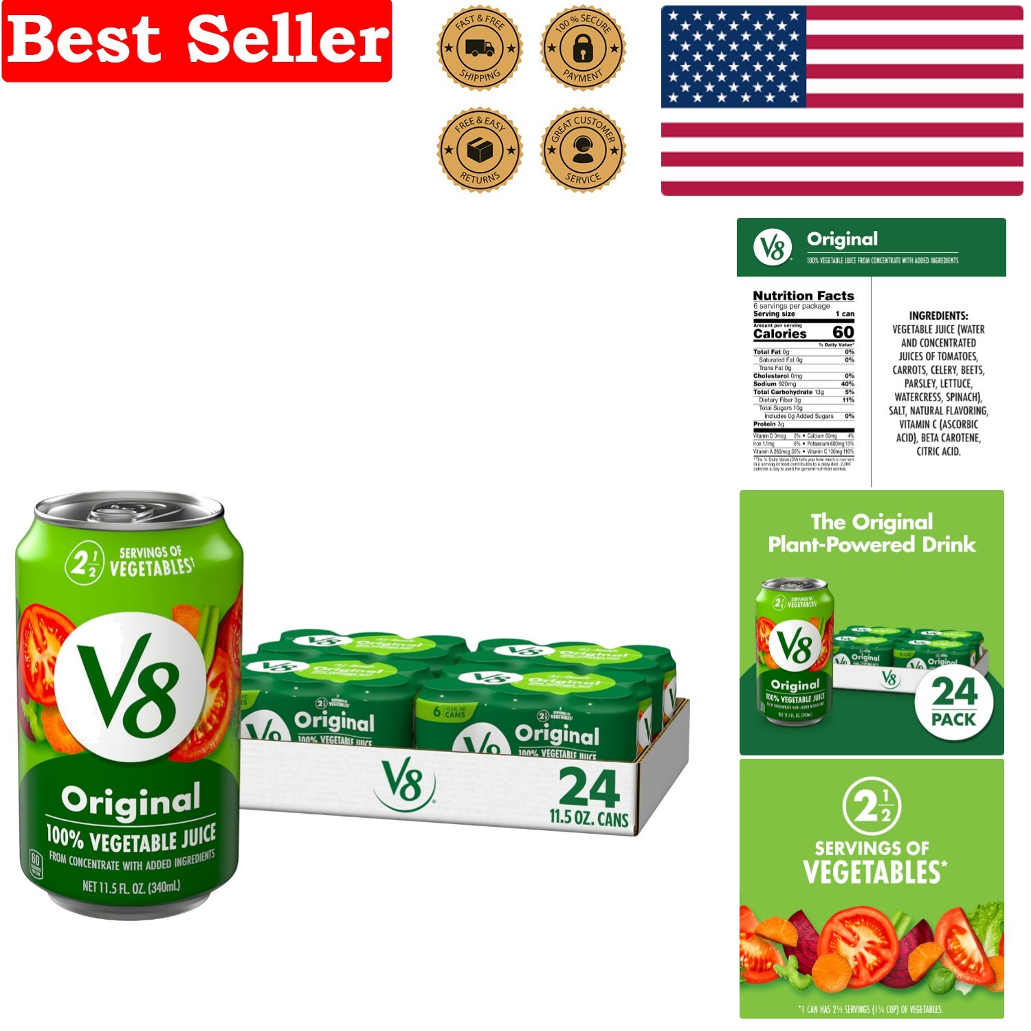 24 Single-Serve  Vegetable Juice Cans, 100% Juice – No Added Sugars