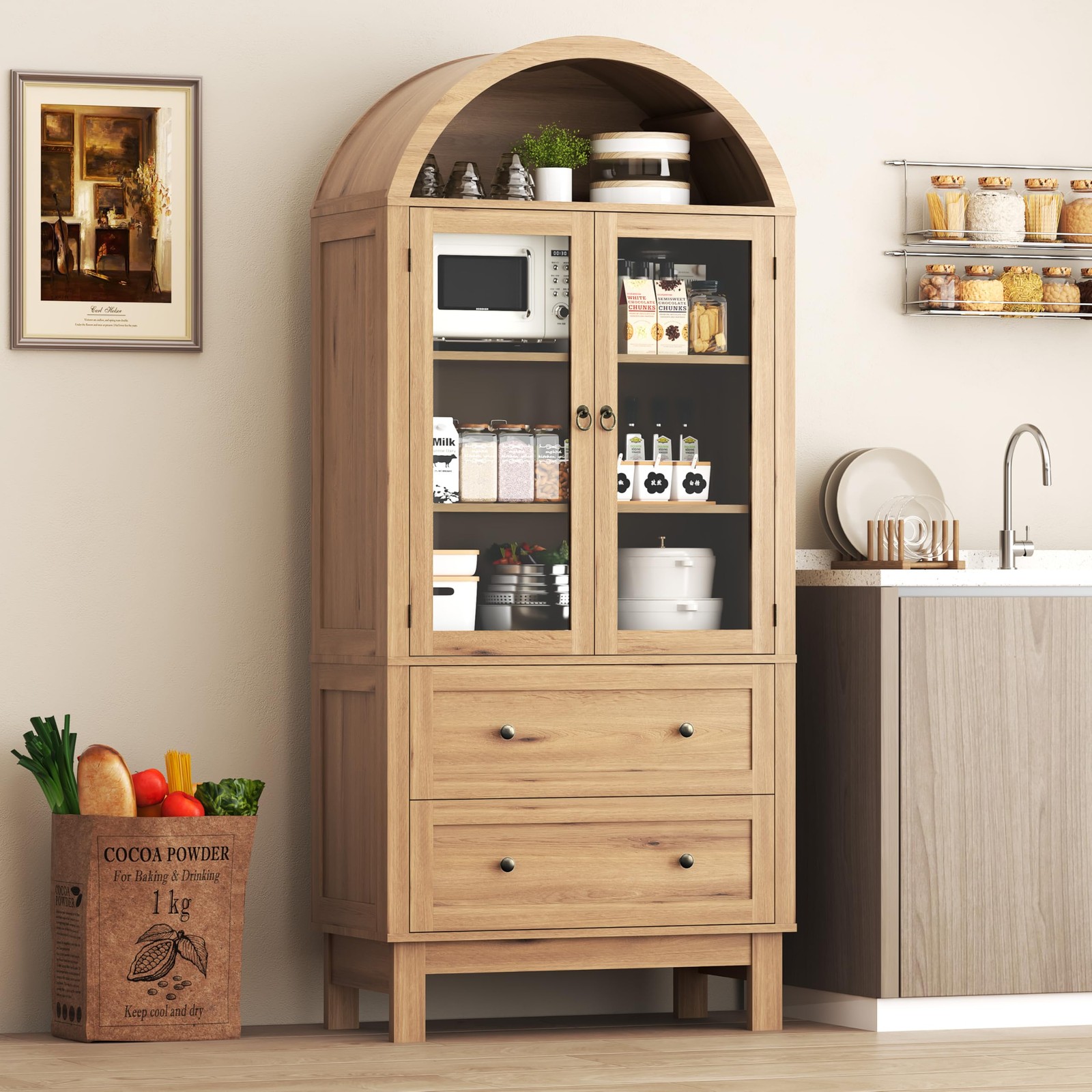 Arched Pantry Cabinet 71" Tall Glass Doors 2 Drawers Adjustable Shelf Natural