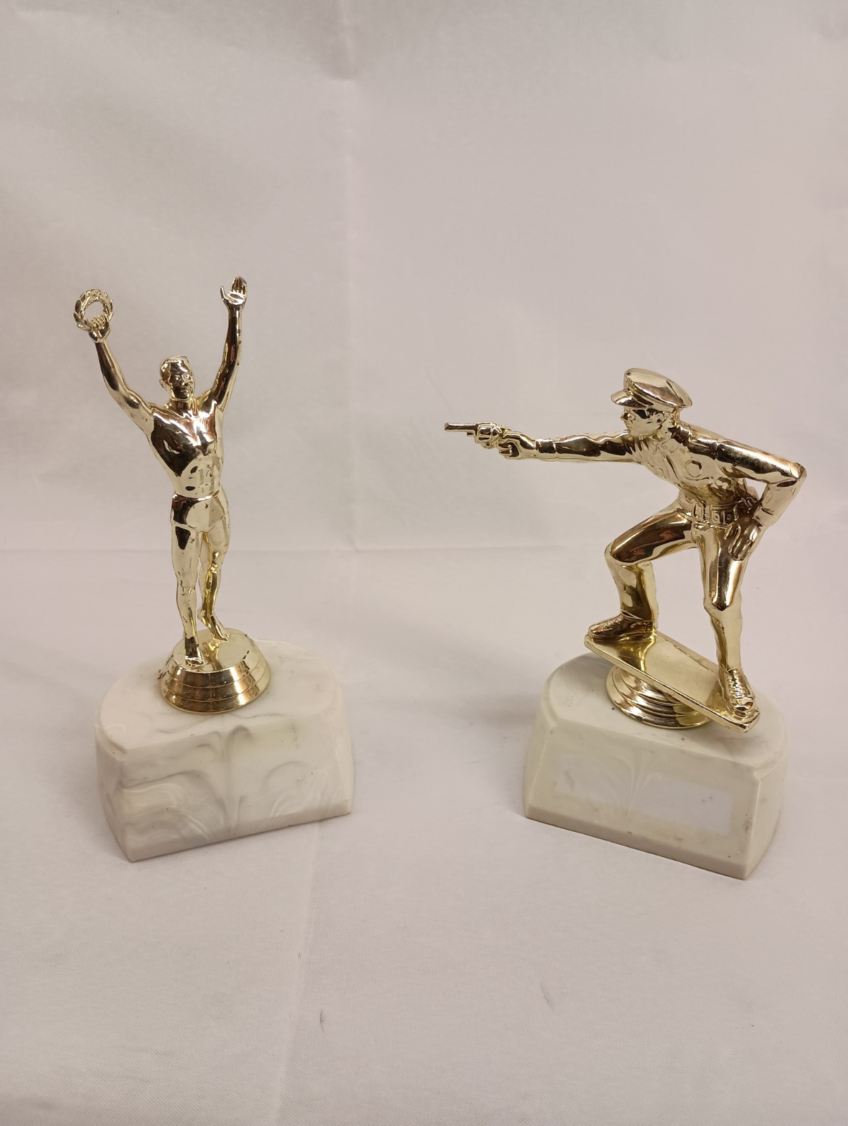 Two Vintage Trophy's  "Freeze Hands In The Air" Novelty Joke Set Police  6" Tall
