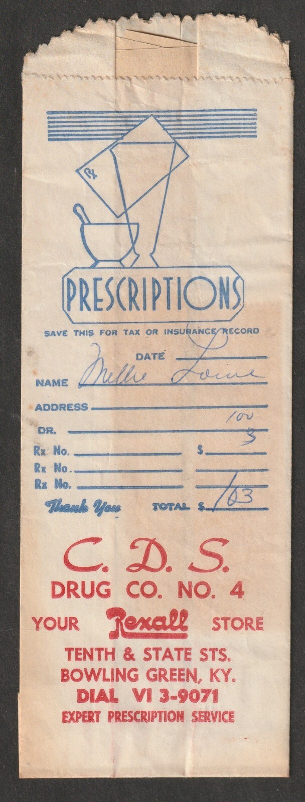 VINTAGE CDS DRUG CO. PRESCRIPTION BAG BOWLING GREEN, KY