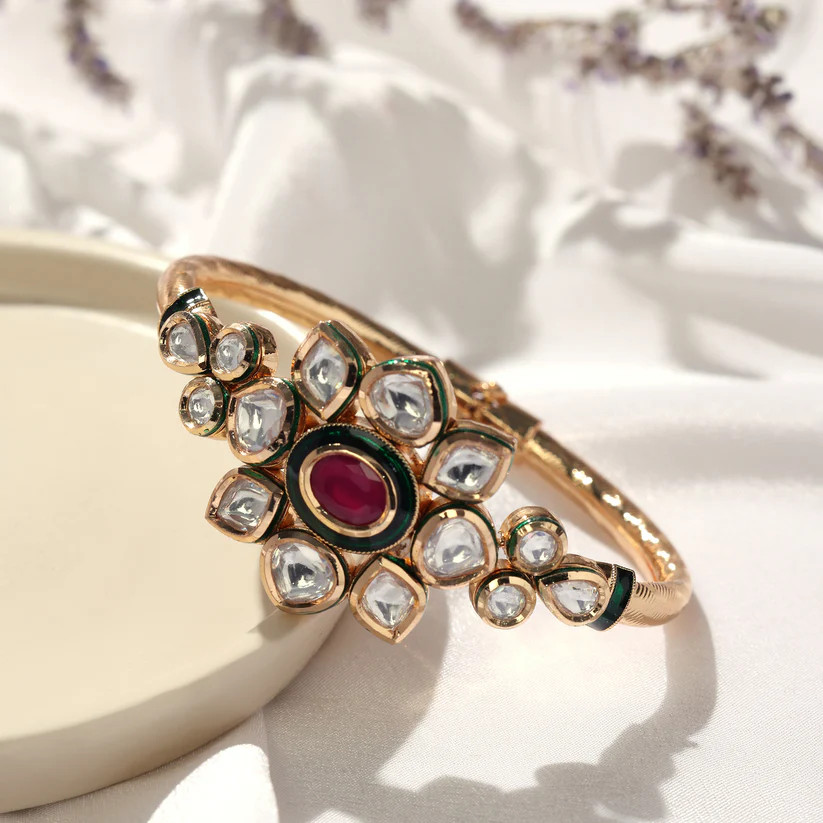 Rajnigandha Empress Gold-Toned Statement Bracelet with Red Stone & Green Enamel