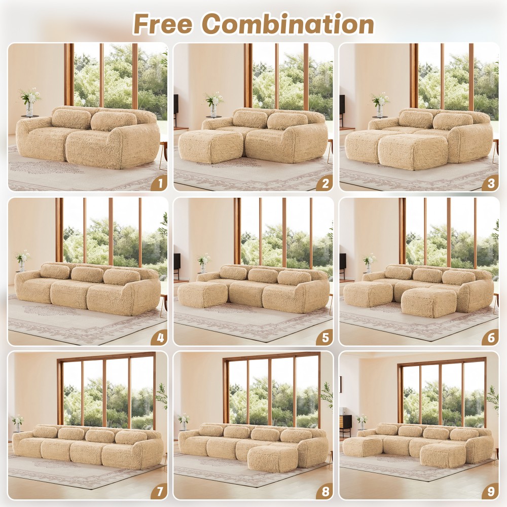 114'' Modular Sectional Sofa w/ Ottoman & Pillows, Plush Fabric, Light Khaki