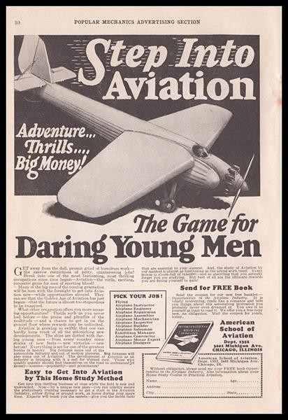 American School of Aviation 1929 print AD “The Game for Daring Young Men”