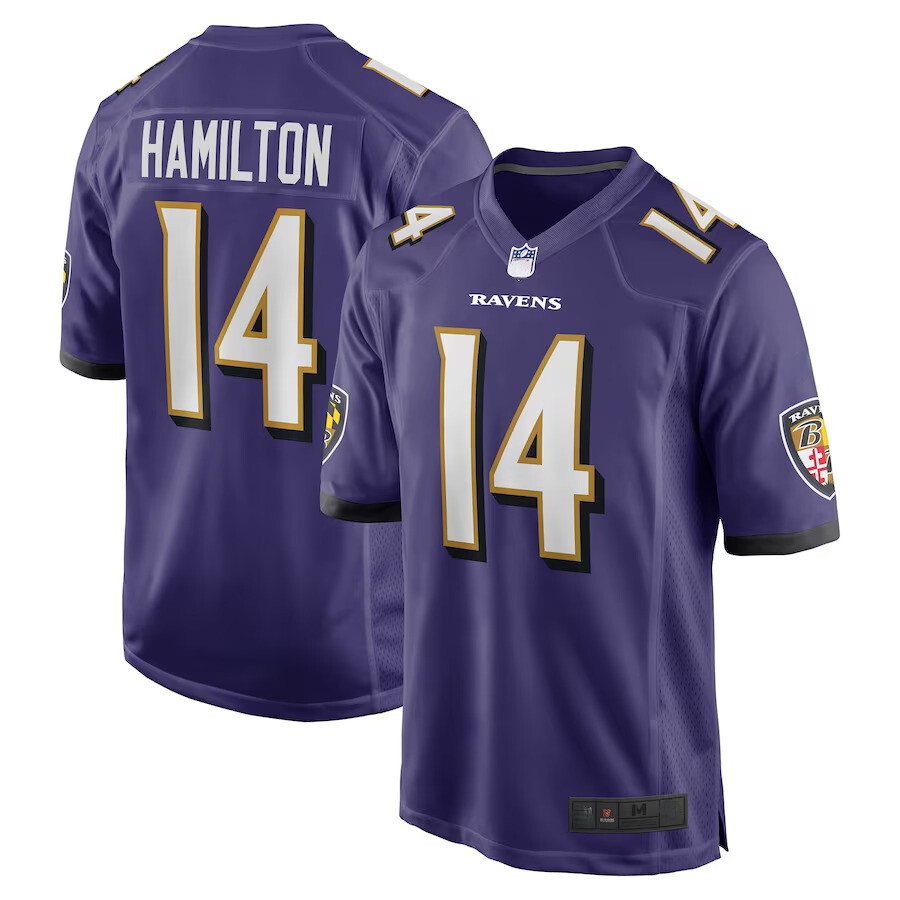 NWT Men's #14 Kyle Hamilton Purple Player Game Jersey - All Stitched