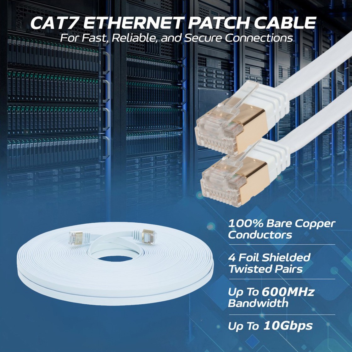 CAT7 Flat SFTP Ethernet Patch Cable 10Gbps Black Cord 6FT-100FT Multi-Pack LOT