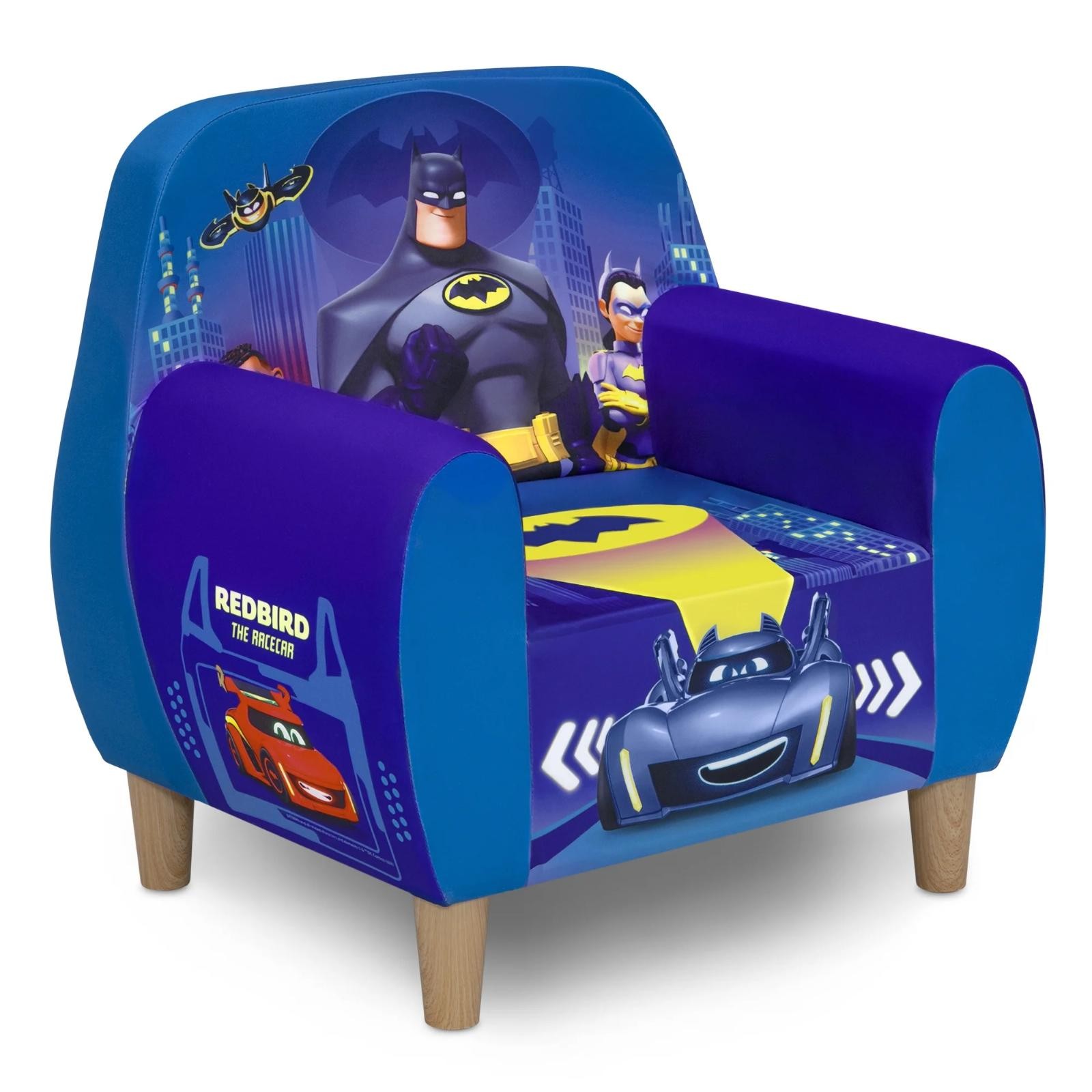 Kids Batman Batwheels Blue Upholstered Chair Toddler Foam Armchair Wood Frame