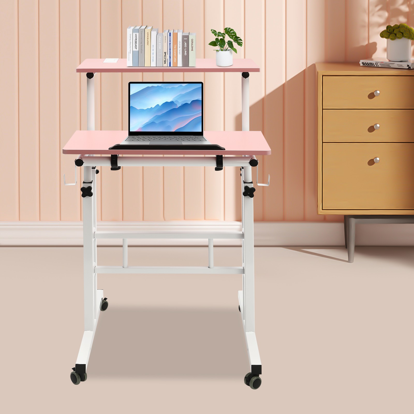 Mobile Adjustable Standing Desk with Dual Desktop for Home & Office