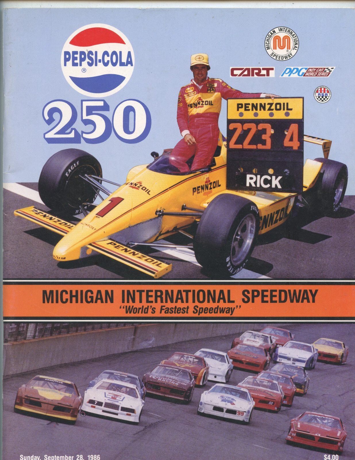 1986 "PEPSI-COLA 250" CART/PPG RACE PROGRAM (BOBBY RAHAL WINNER, 72 PGS., NICE)