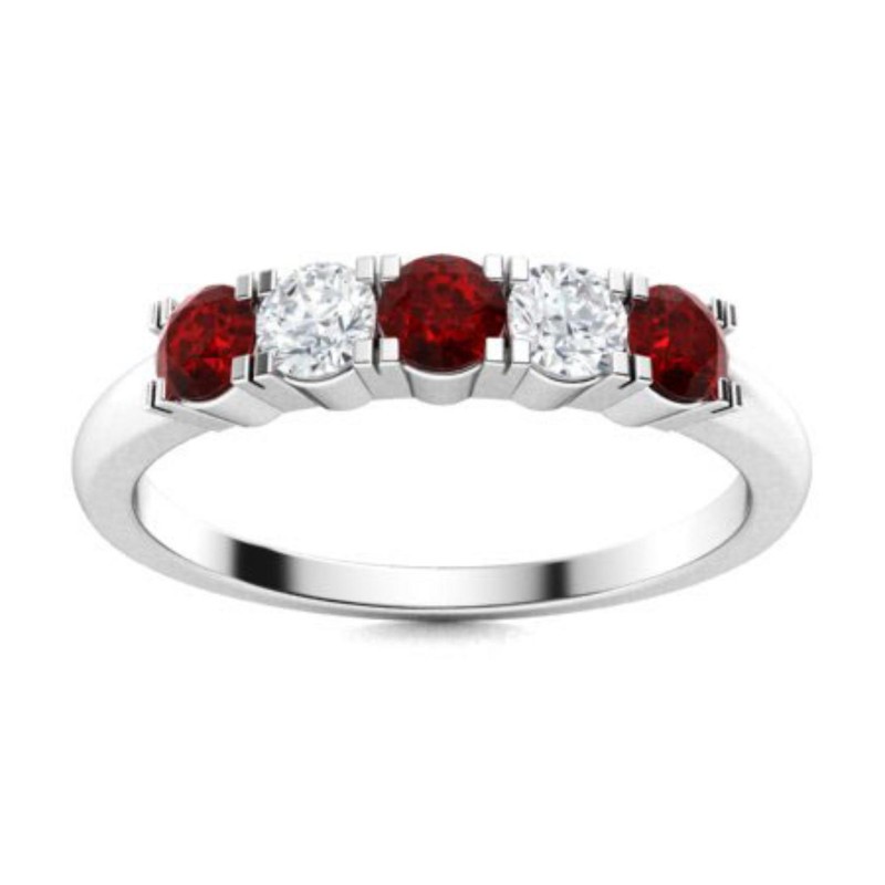 Five Stone 4MM Round Shape Garnet 925 Sterling Silver Women Stackable Ring