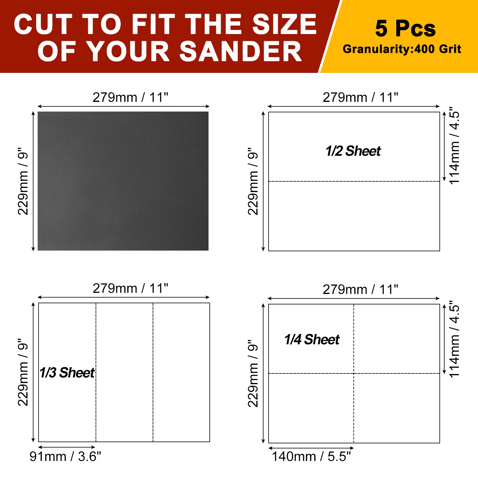 Sandpapers (9" x 11"/229mm x 279mm) 5 Sheet, 400 Grit Wet Dry Sand Paper
