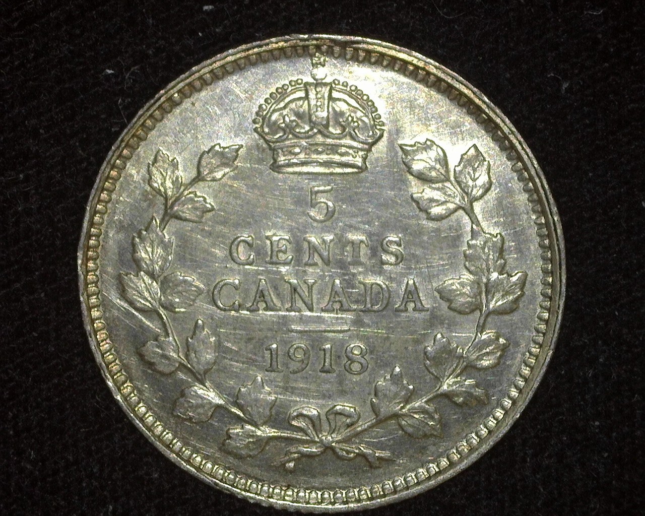 CANADA 1918 5 CENTS KM22 SILVER ABOUT UNCIRCULATED ~M11
