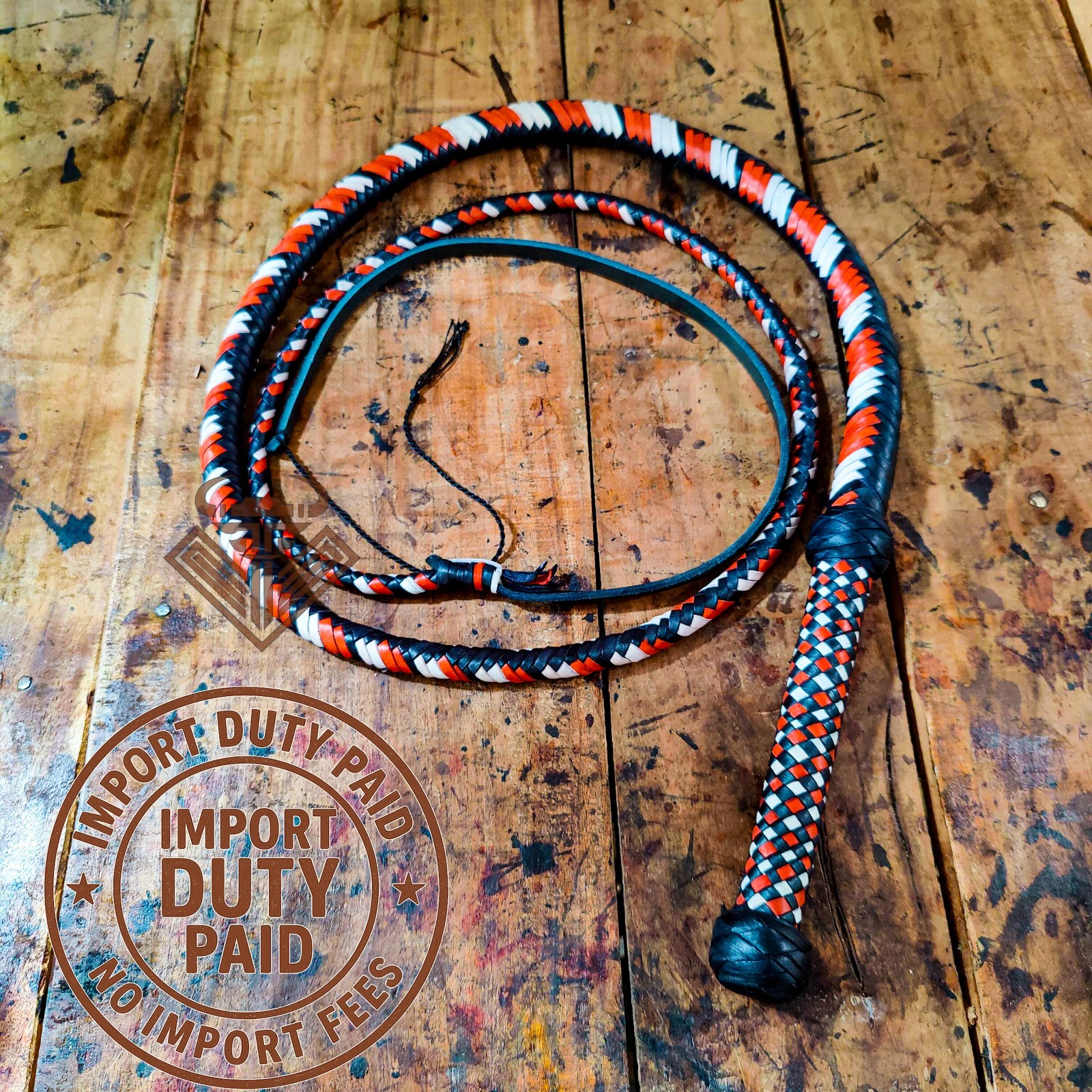 Kangaroo Hide Leather Bullwhip, 3ft to 16ft, 12/16 Plait Indy Style Bull Whip.