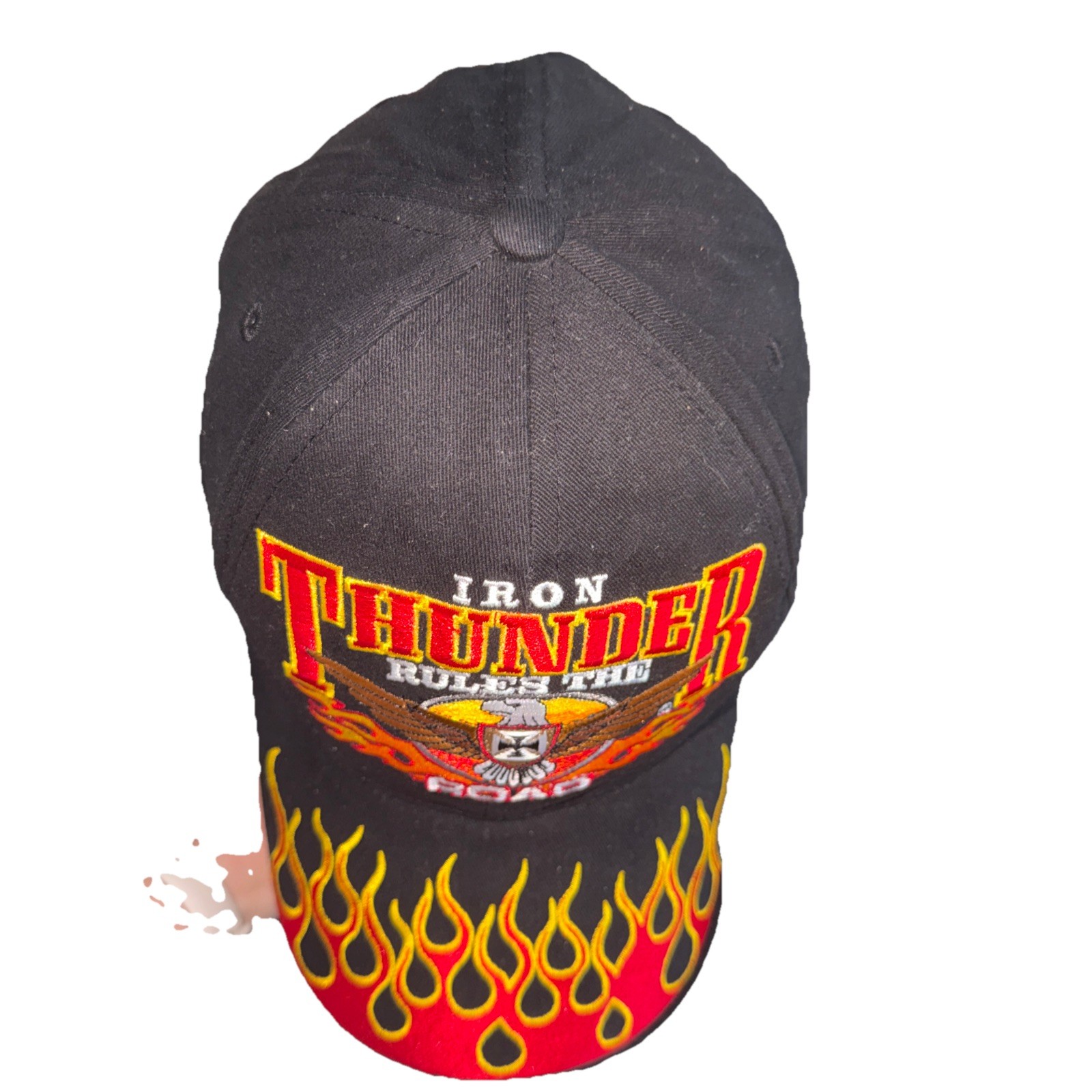 Iron Thunder Rules the Road w Eagle and Flame on Black Hat Cap Cotton Hook Loop