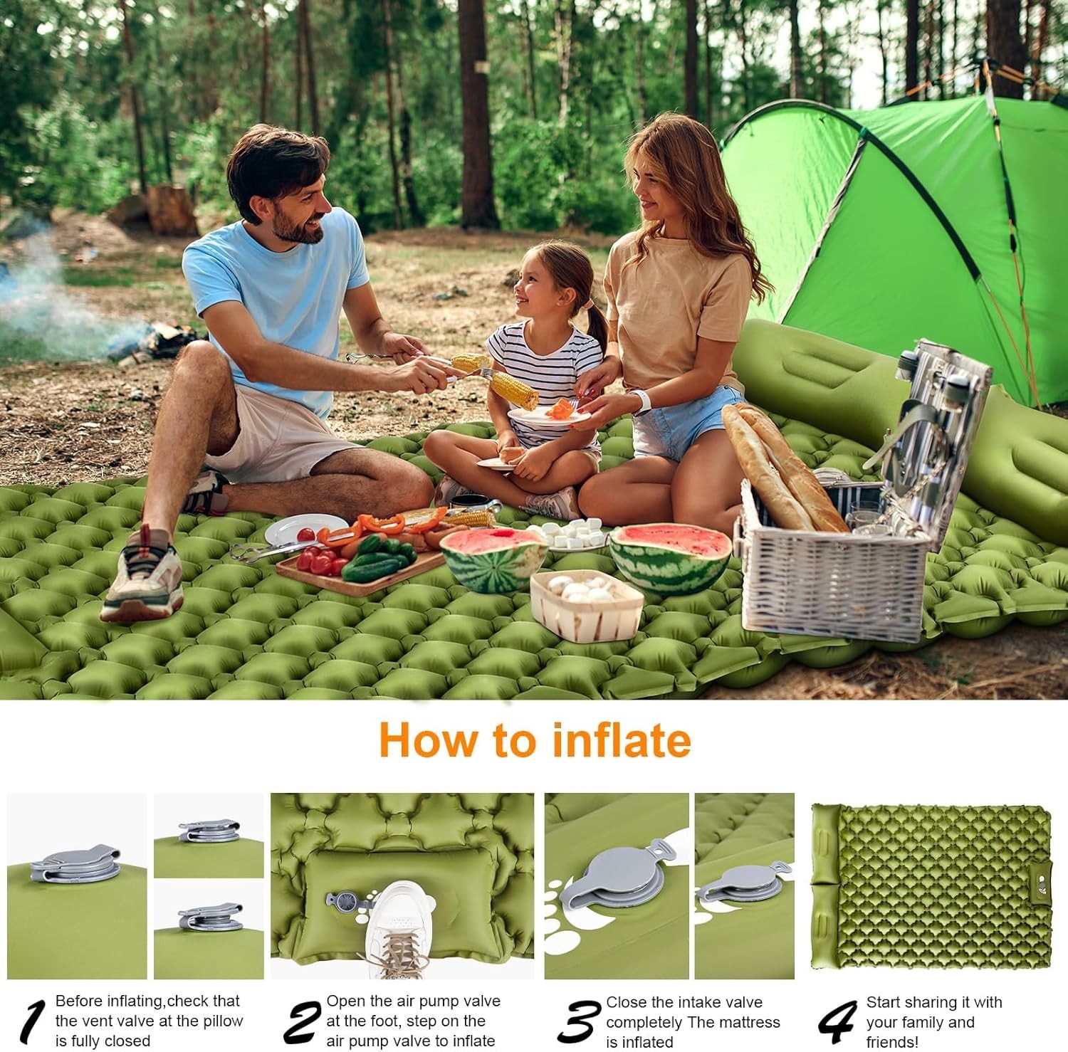 Double Sleeping Pad Ultralight 4" Extra-Thick Self Inflating Sleeping Mat 2