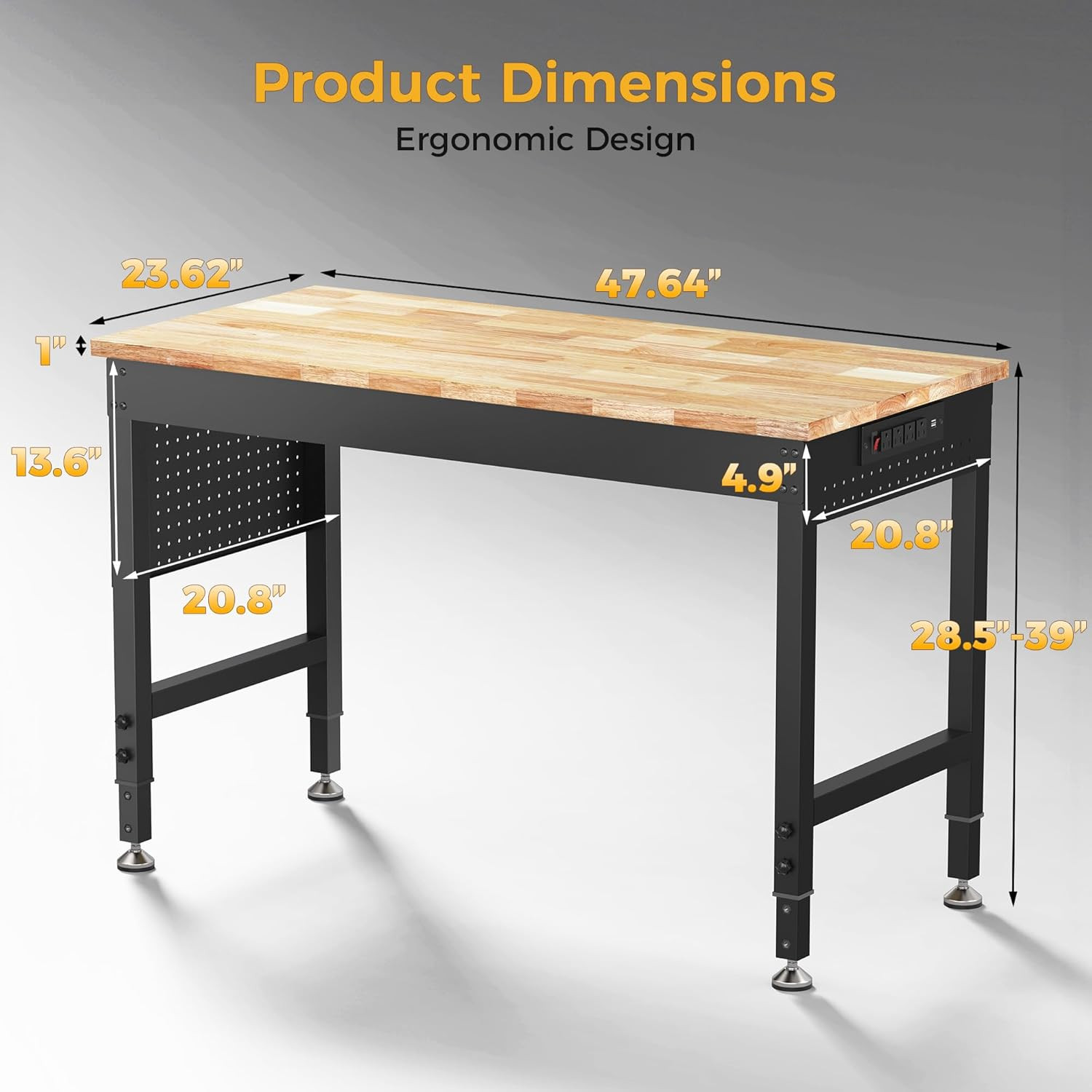 CAMMOO 48" Adjustable Heavy Duty Workbench, 2000 LBS Load Capacity Rubber Wood W