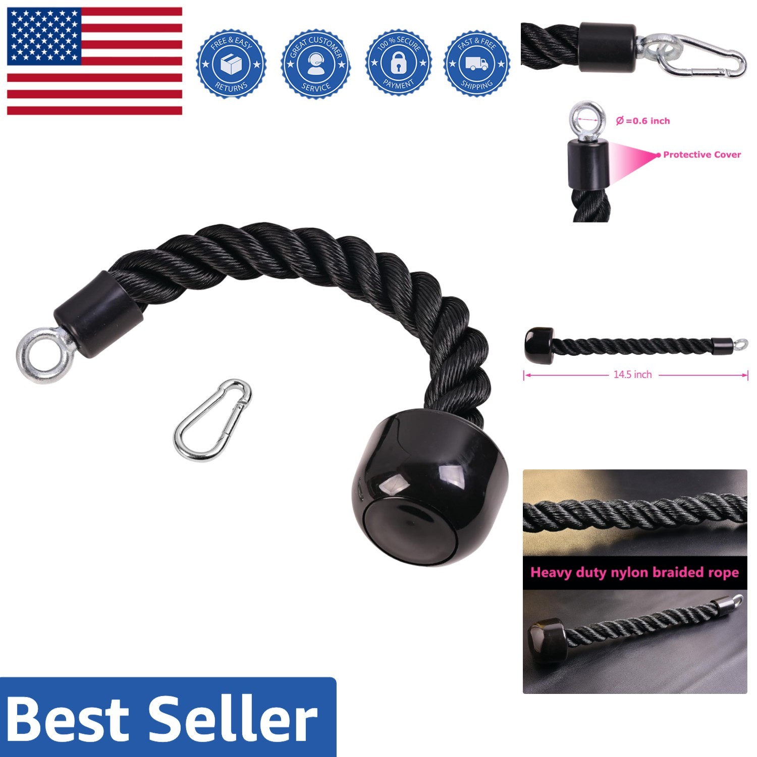 Heavy Duty 63 Inch Tricep Push Down Rope with Rubber Grip - Face Pulls Made Easy