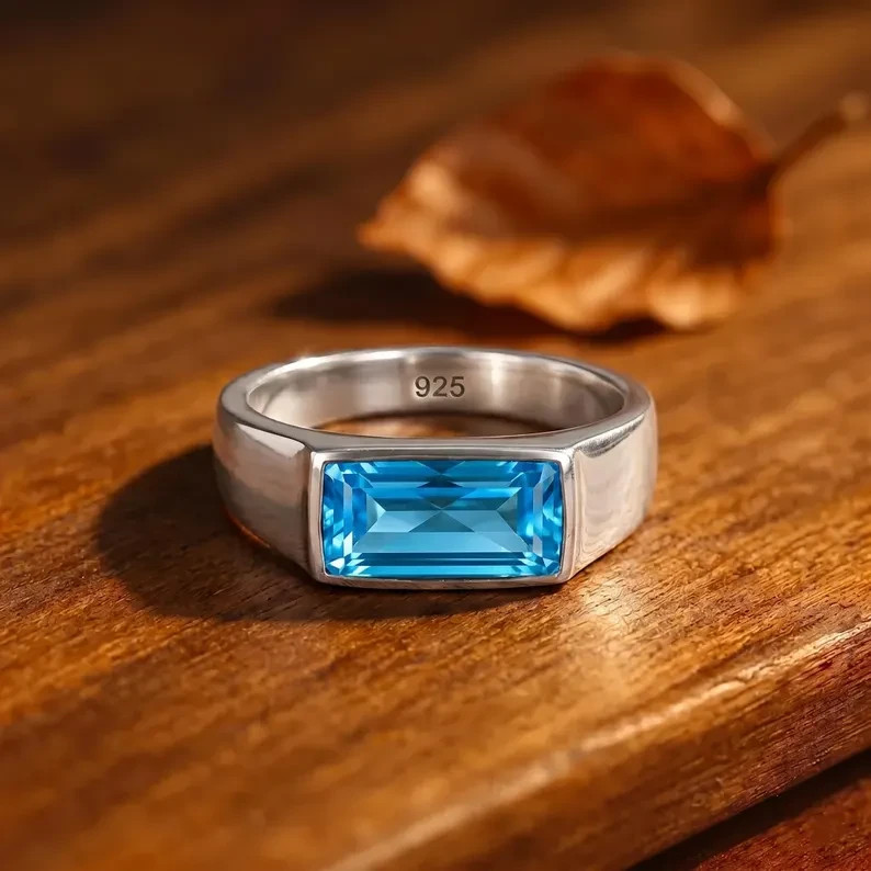 Men’s London Blue Topaz Ring 925 Sterling Silver Signet Handmade Jewelry