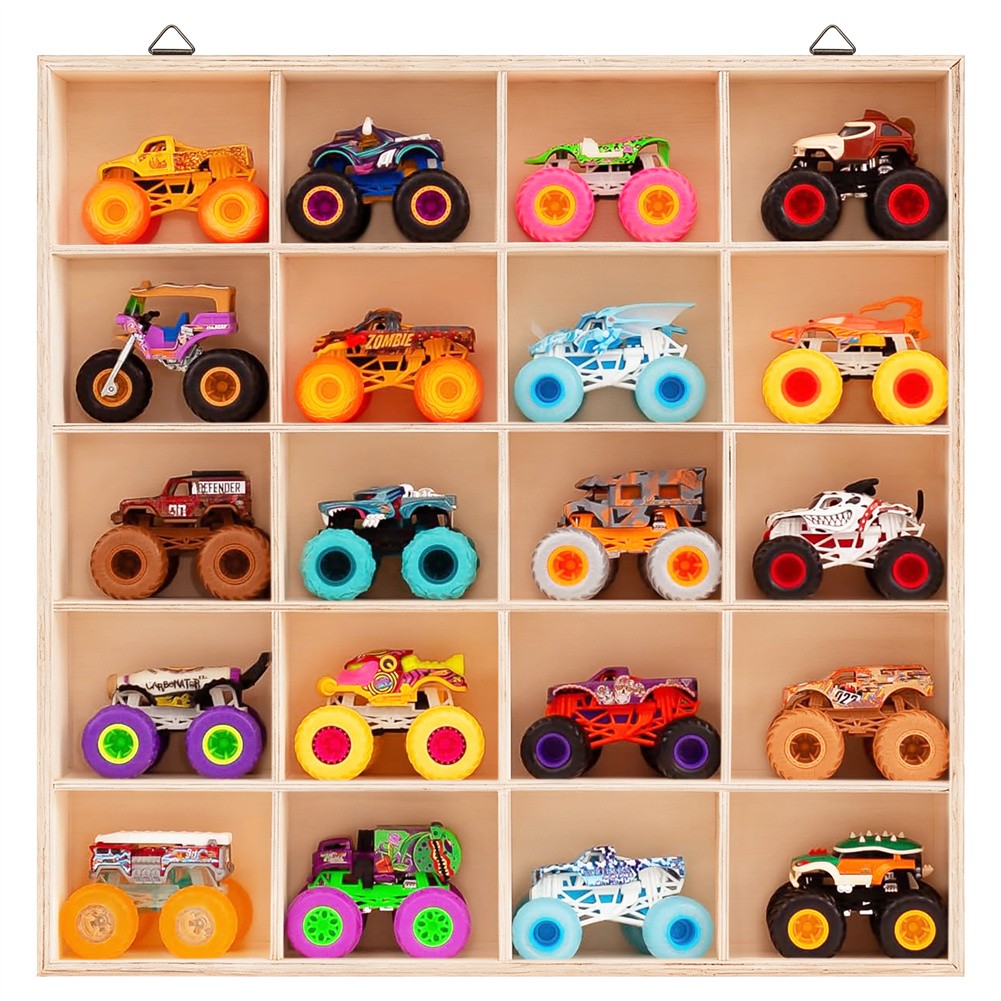 Wood Display Case 20-Slot Organizer for Monster Trucks Storage Wall-Mountable