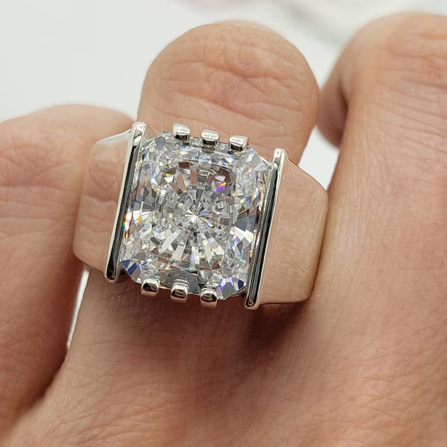 Men's 5.42 Ct White Lab Grown Diamond Radiant Cut Solitaire Ring 925 Silver