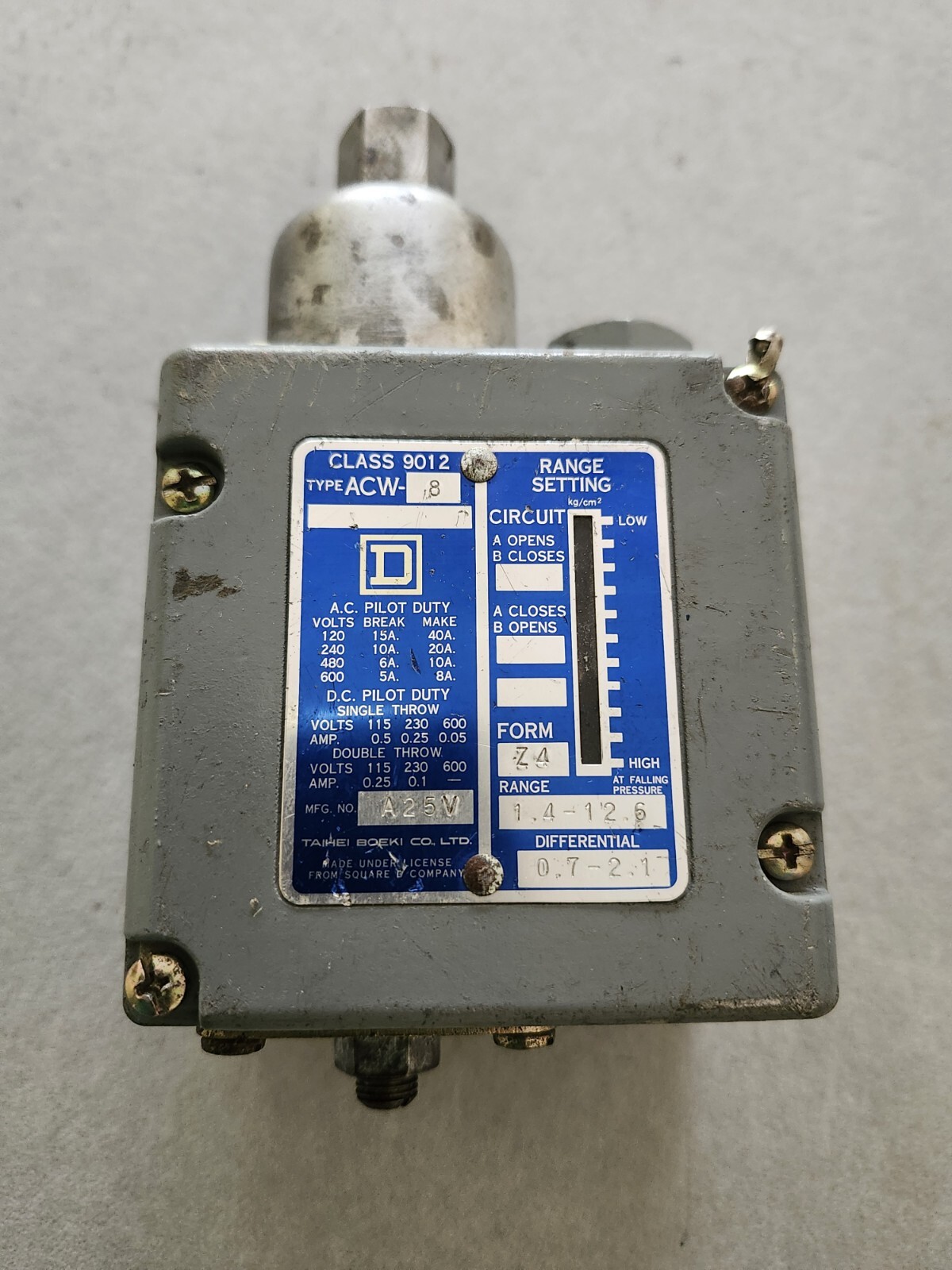 SQD Class9012 ACW8 1.4-12.6 RANGE PRESSURE SWITCH