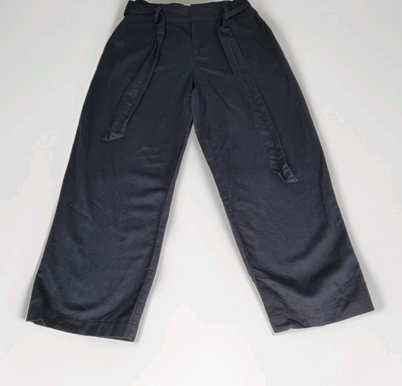 ZARA Navy Linen Pants XS High Rise Straight Leg Crop Trousers Coastal Chic EUC