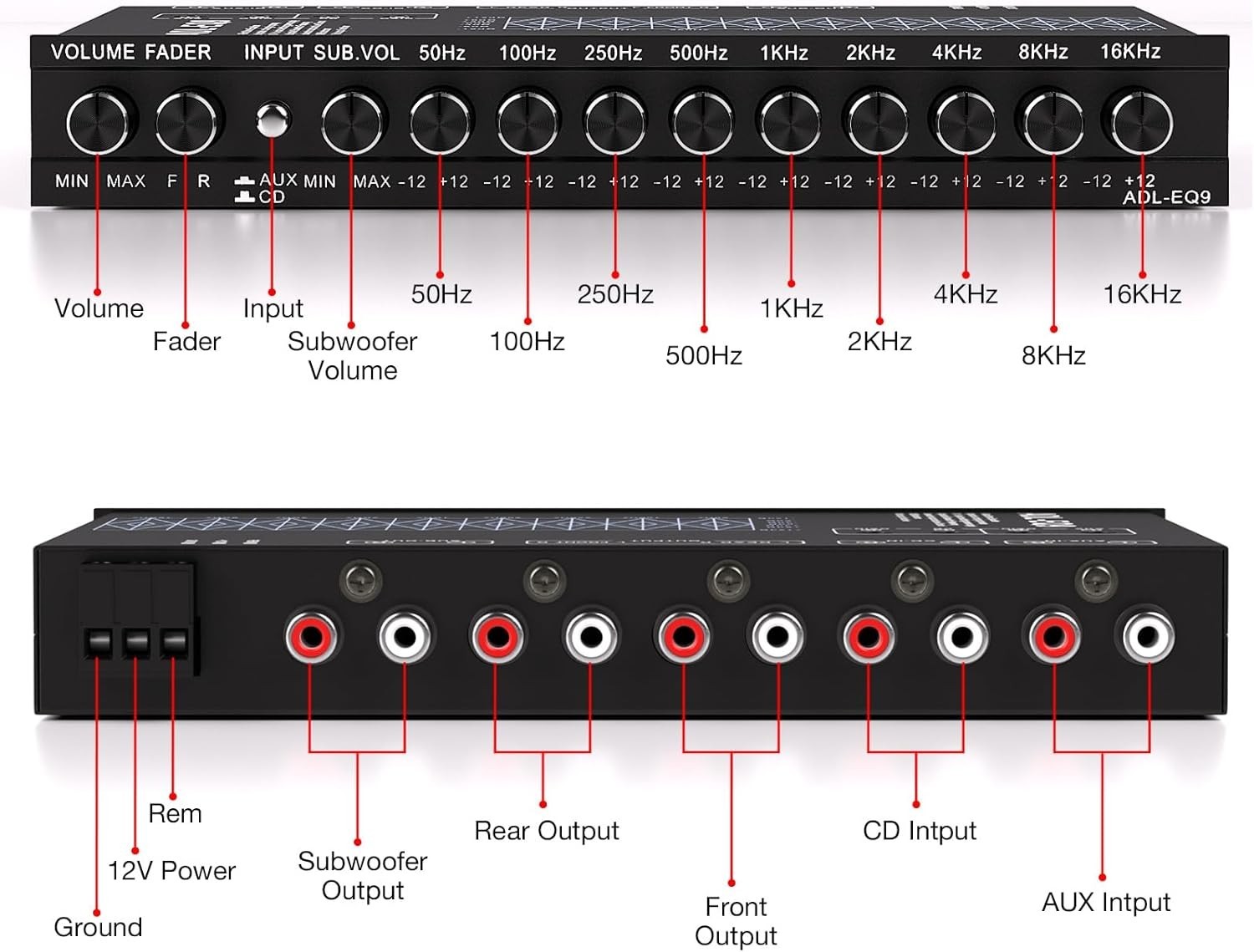 9-Band Car Equalizer with CD/AUX Input & Adjustable Subwoofer Control