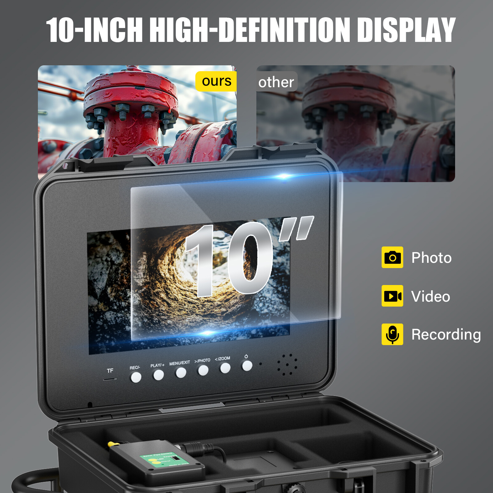 10" Pipe Inspection Camera w/ 512hz Meter Counter Sewer Camera Self Leveling 30M