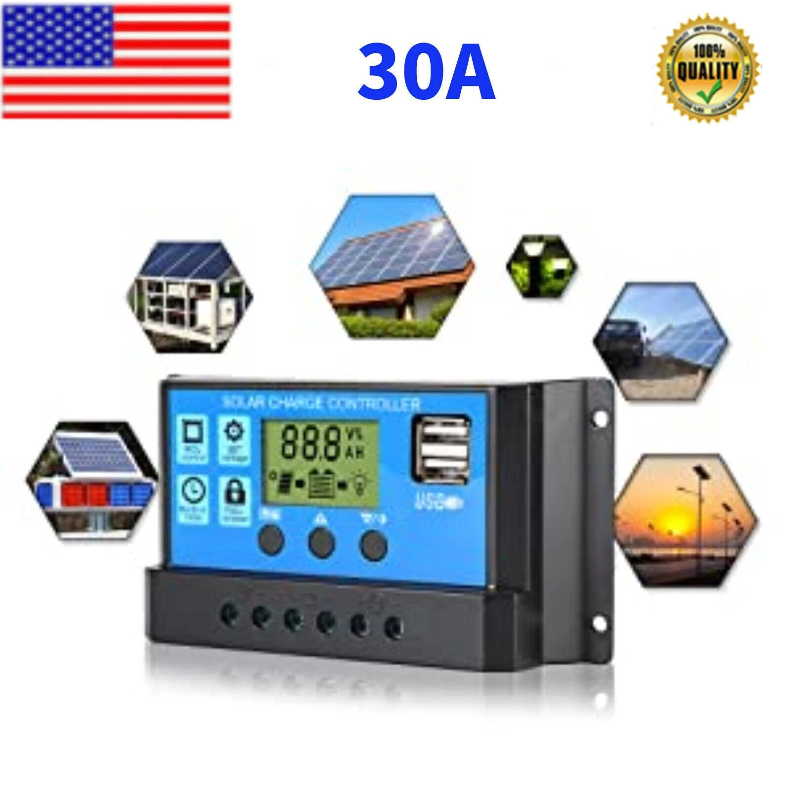 30A Solar Panel Battery Charge Controller 12V/24V LCD Regulator Auto Dual USB US