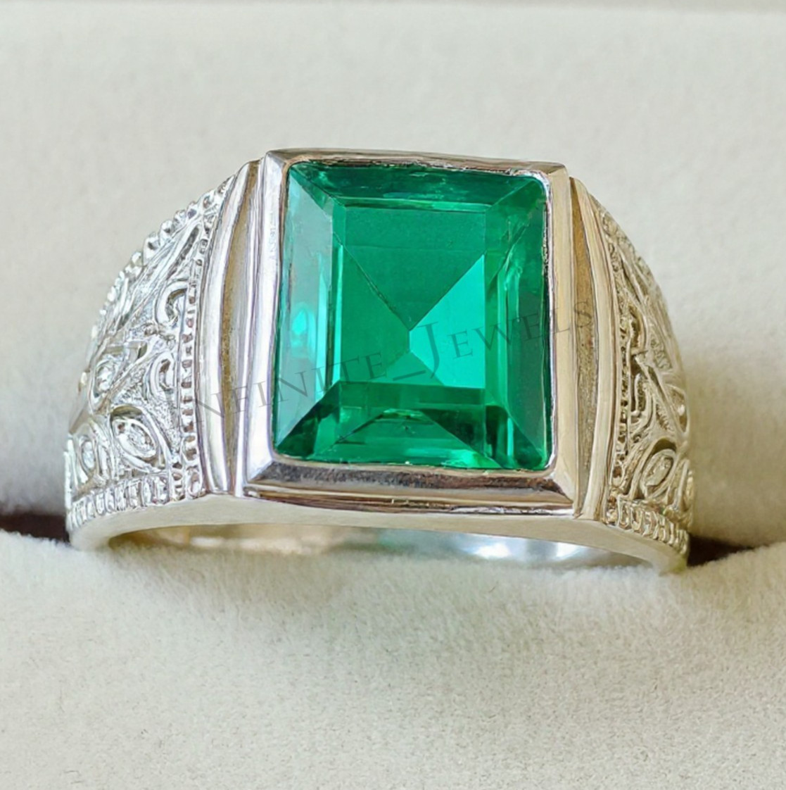 Green Emerald Gemstone Ring For Men's With 925 Sterling Silver Emerald Cut Ring