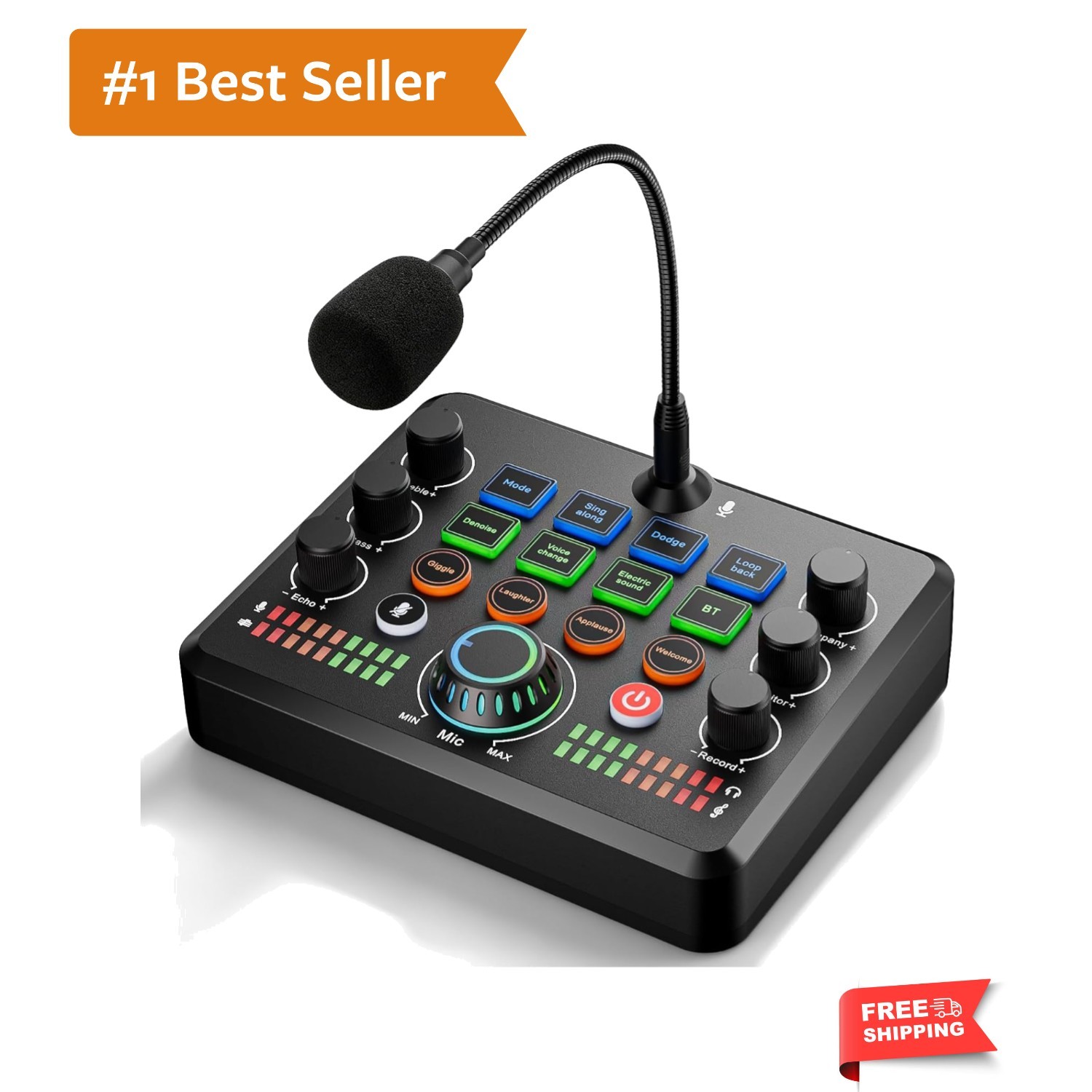 F682 Live Sound Card Audio Mixer with Gooseneck Mic, Voice Changer, Bluetooth...