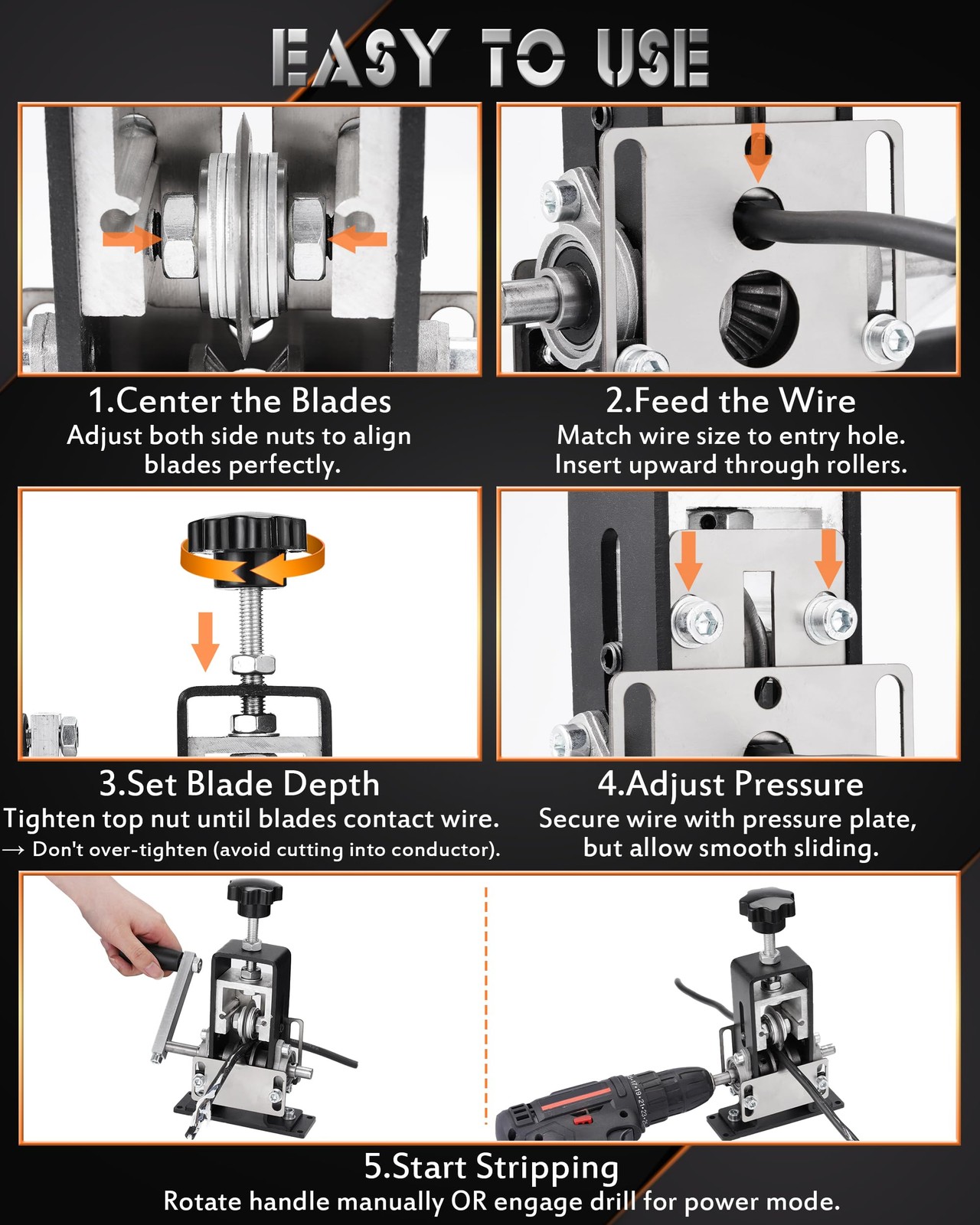 Manual Wire Stripping Machine, 2 IN 1 Drill-Powered/Hand Crank Black