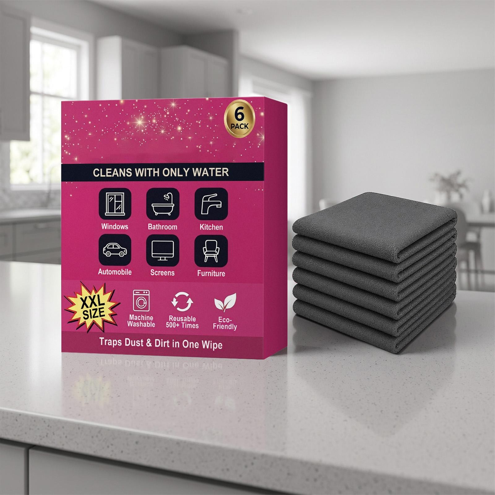 Genie Magic Cleaning Cloth 6-Pack,Microfiber Cleaning Cloths Reusable