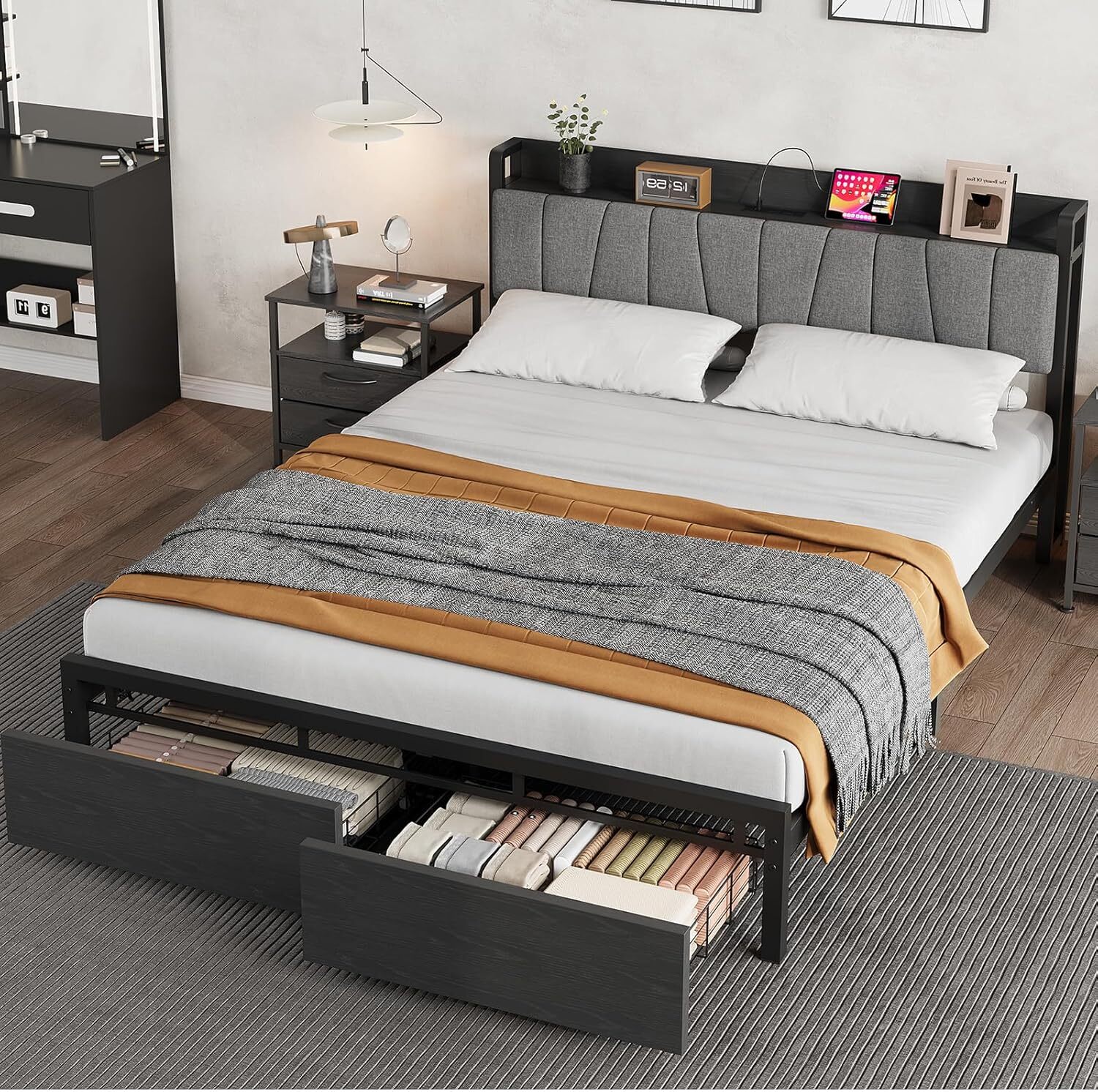 Full Size Bed Frame Headboard Platform Bed Frame w/Charging Station and Drawers