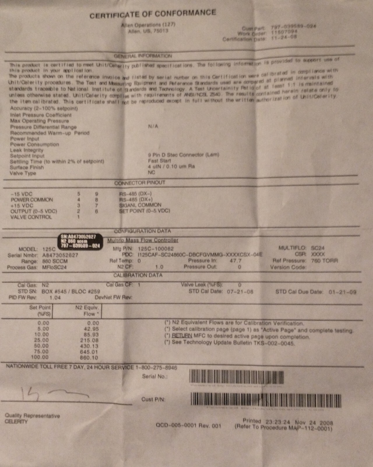 Celerity Mass Flow Controller IFC-125C SC24 860 SCCM N2