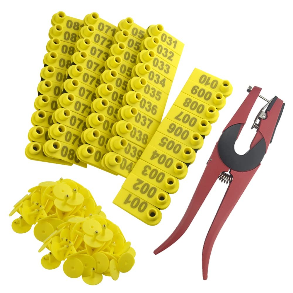 Livestock Ear Tags 1-100 with Applicator for Sheep Goats (Yellow)