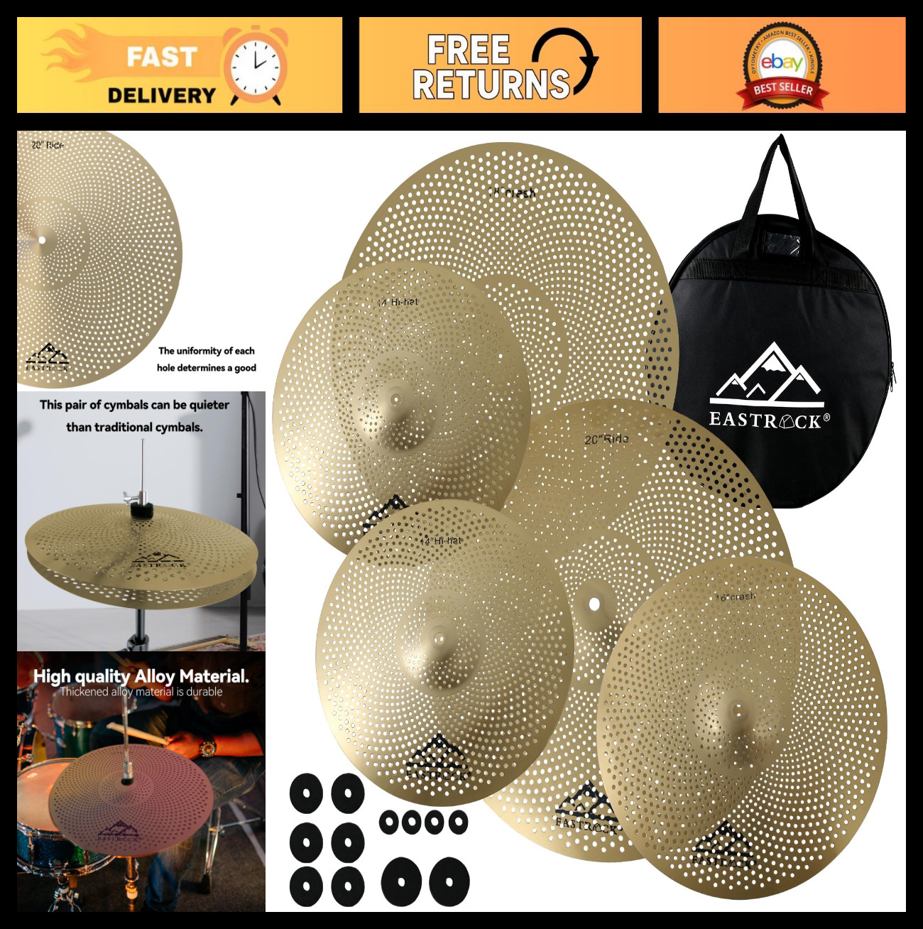 5-Piece Low Volume Cymbal Set with Bag & Felts | 14" Hi-Hat, 16" Crash, 18" Cras