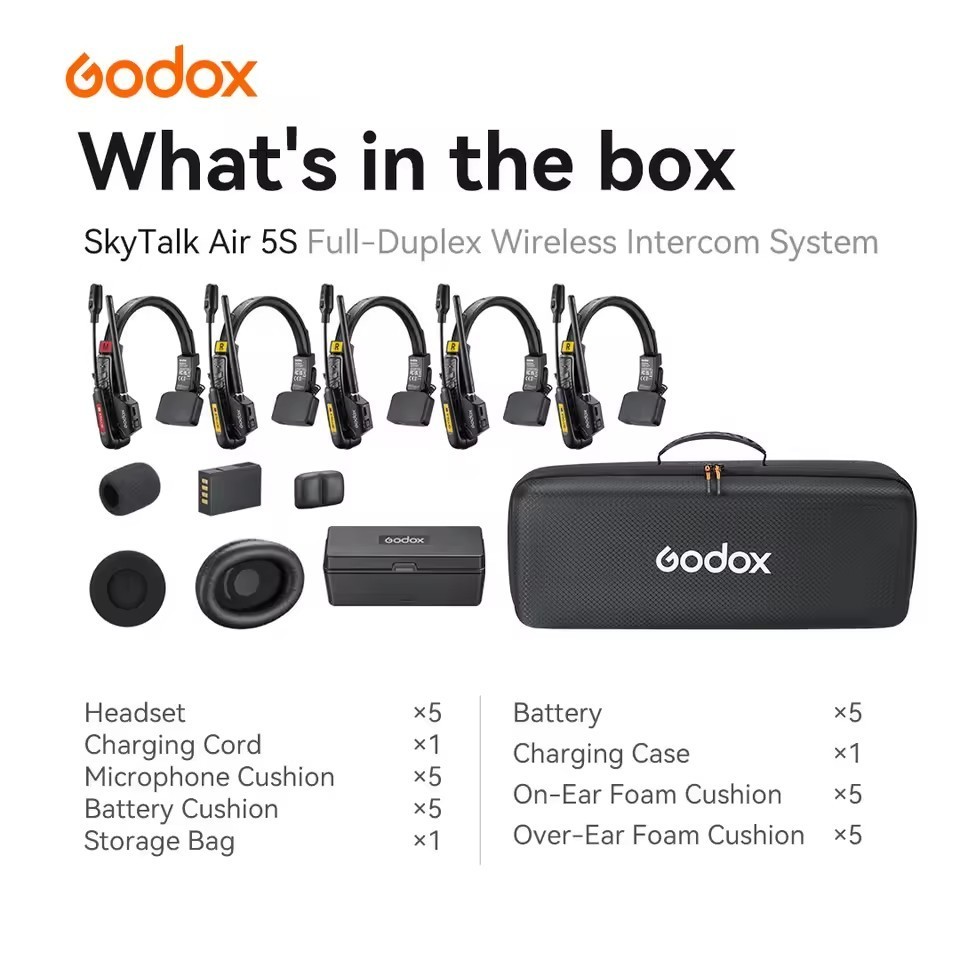 Godox SkyTalk Air 5S 2.4G Full-Duplex Wireless Intercom Headset System 5-Person
