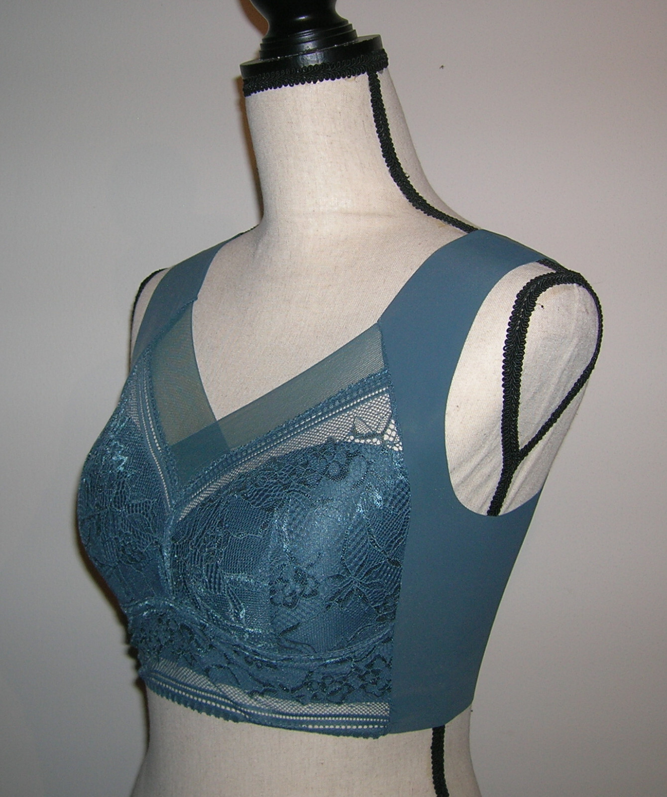 Wirefree Bralette Bra Size 2XL Full Coverage Smooth Back Lace Mesh Dark Cyan