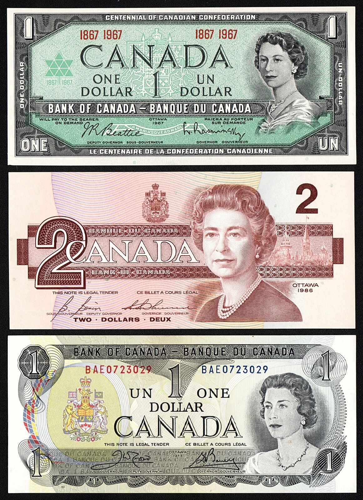 1967-1973-1986 Bank of Canada Banknotes, $1 $1 $2, All UNC Uncirculated