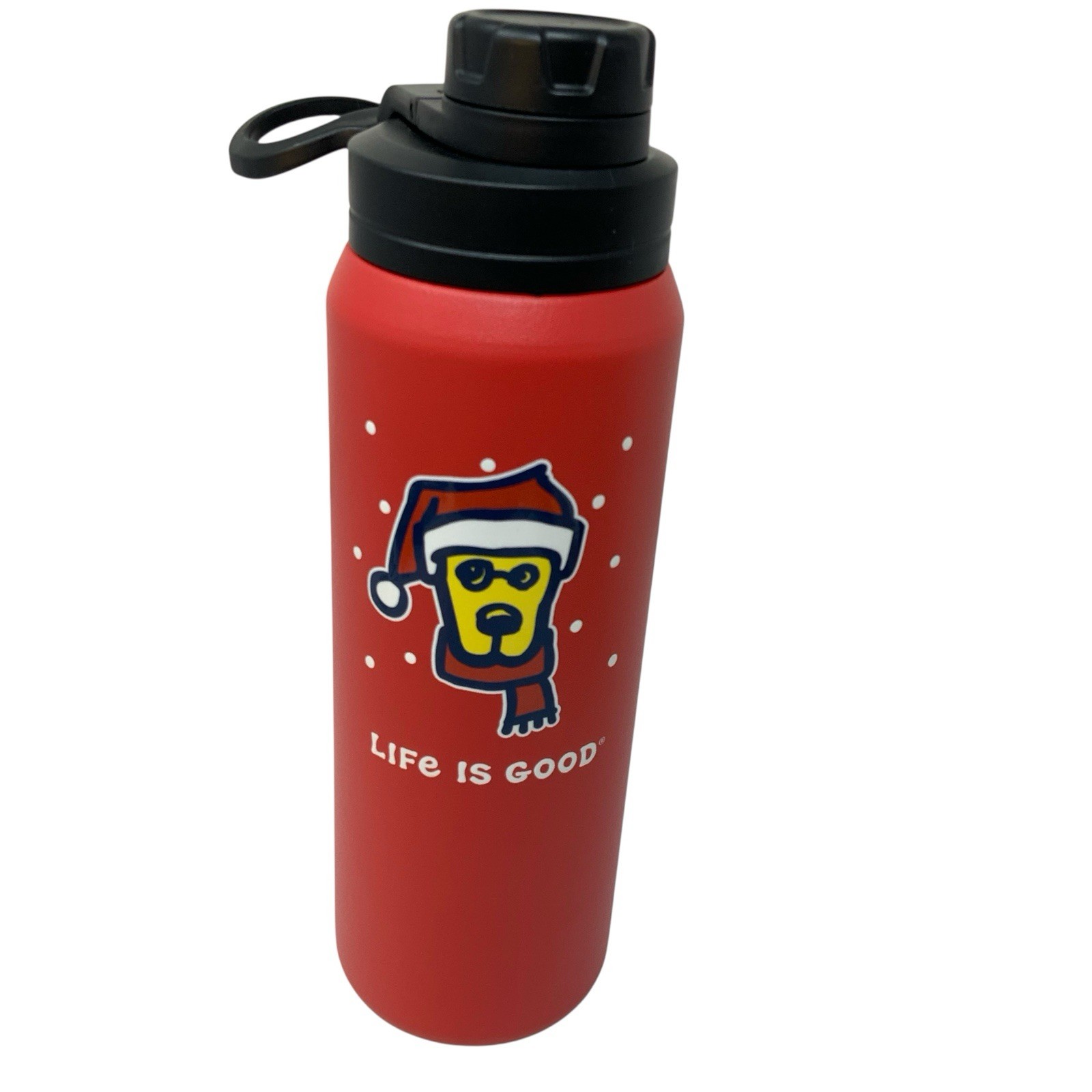 LIFE IS GOOD 26 oz Stainless Steel Water Bottle Wide Mouth Red Dog Winter Snow