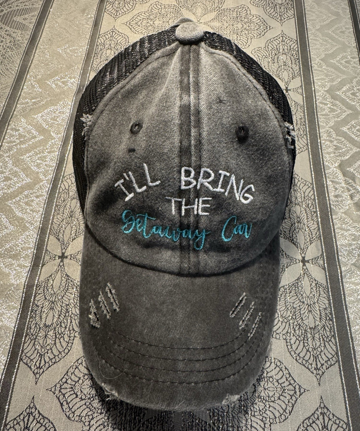 Gray/Black Distressed Mesh Back Ponytail Baseball Cap "I'LL BRING THE MESSY BUN"