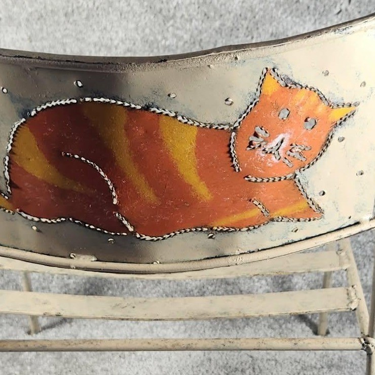 Child's Metal Chair Cream Orange Hand Painted Cat Vintage Whimsical Kids Size