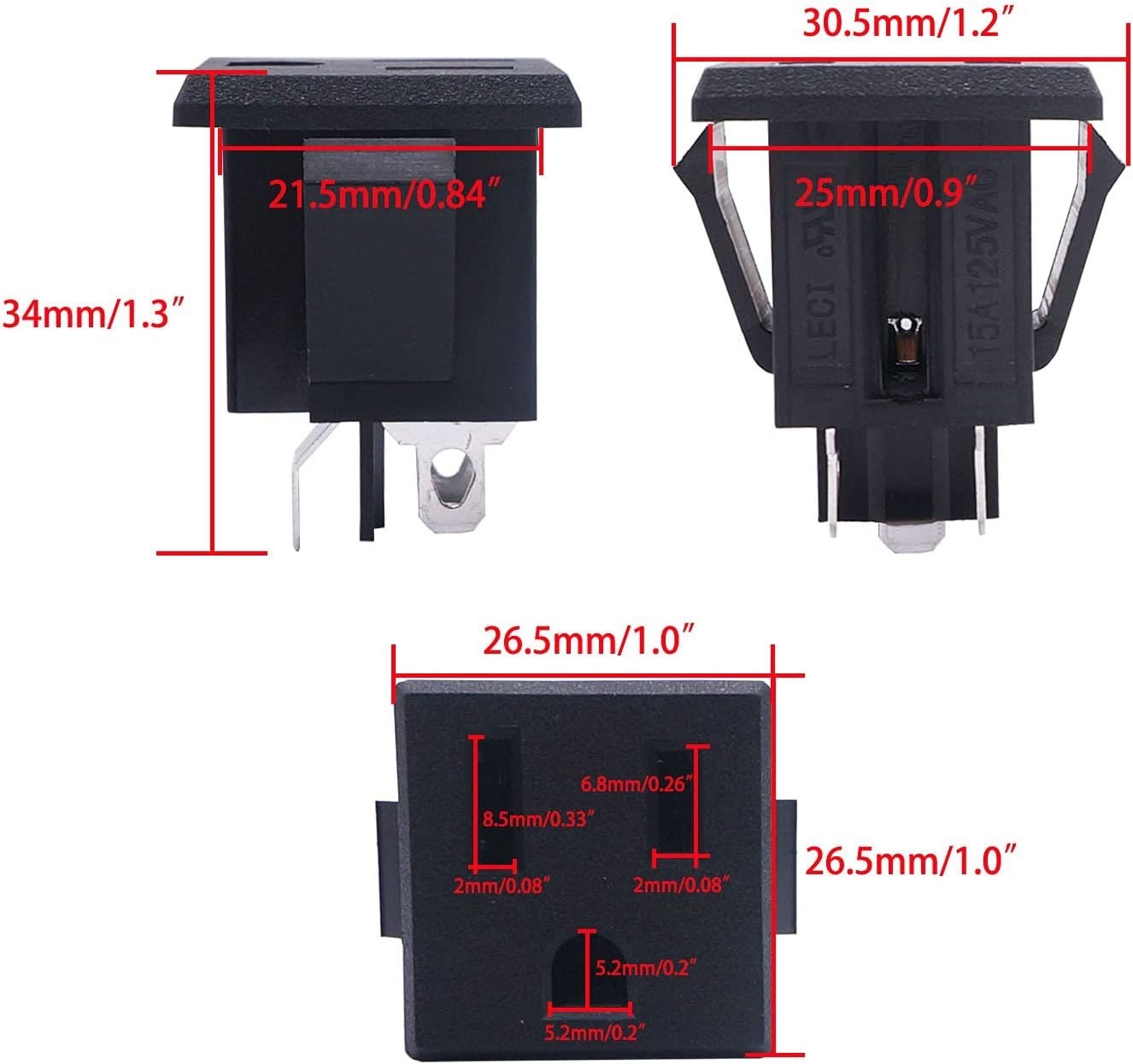 3Pcs 3 Pins Power Socket Plug Panel AC 15A 125V Panel Mount Outlet Industria...